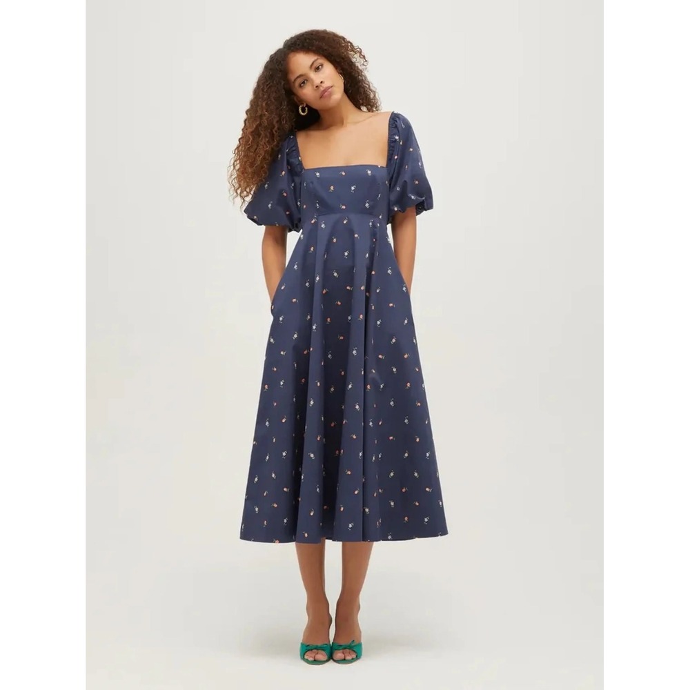 Hill House Home Anjuli Nap Dress Navy Ditsy Floral Puff Sleeve Midi Small